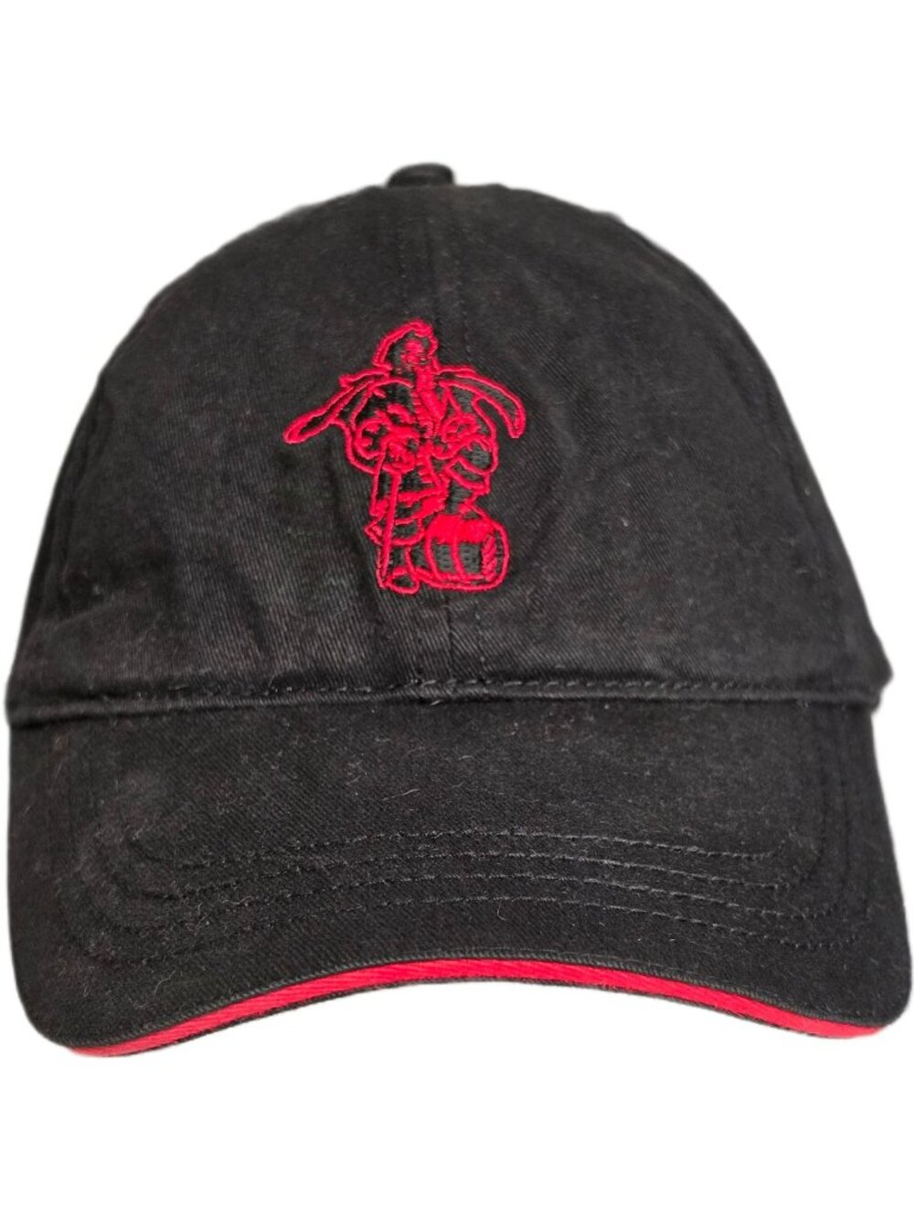Captain Morgan Rum Black Red Embroidered Pirate Spellout Baseball Hat Cap GUC